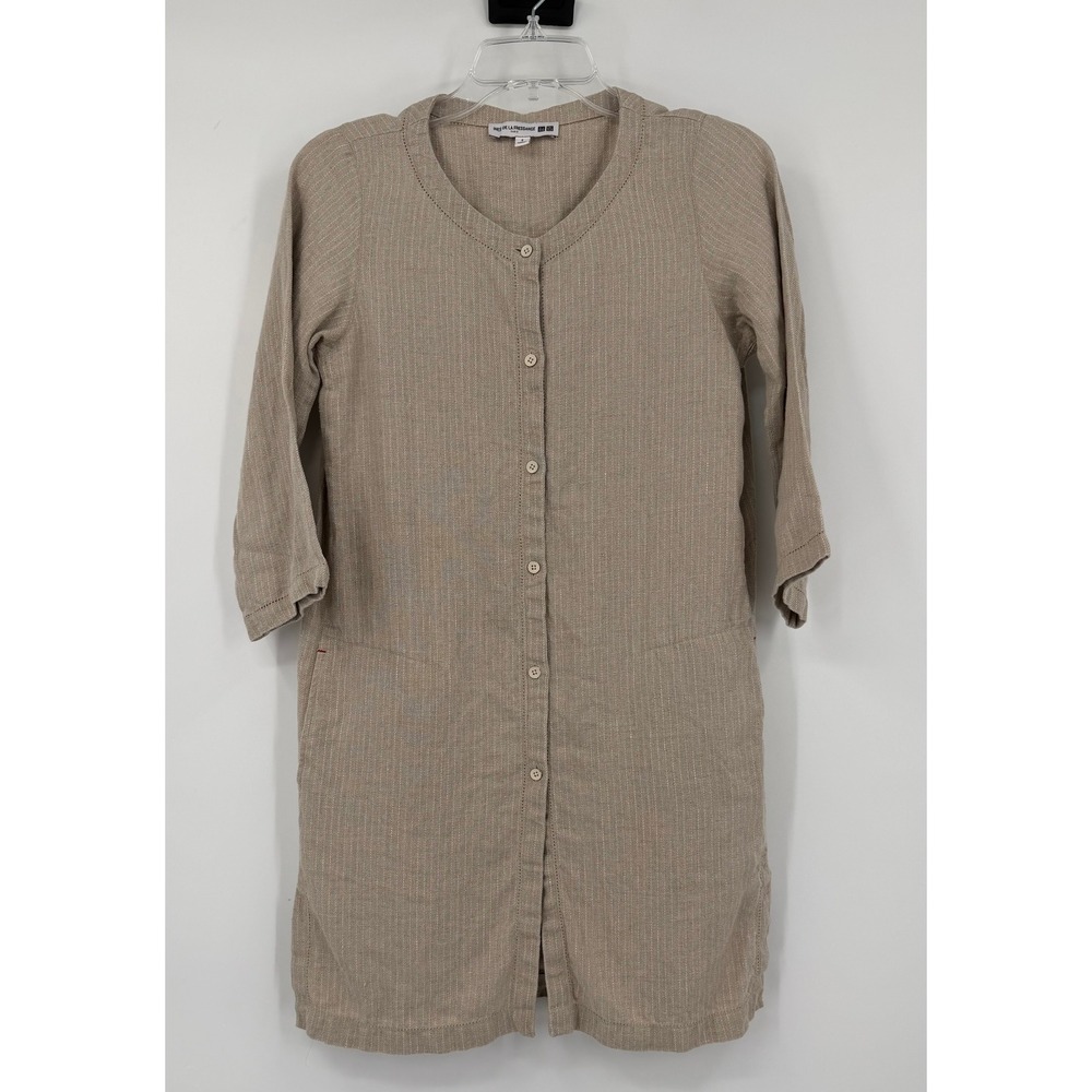 Uniqlo Ines De La Fressange Linen Pinstripe Button Front Dress Beige Small